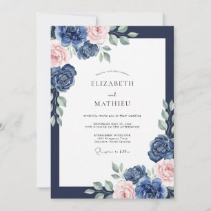 Invitation Mariage Navy Blush Ranunculus Eucalyptus