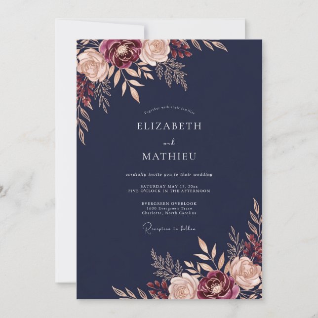 Invitation Mariage Navy Bourgogne Floraison Romance (Devant)