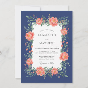 Invitation Mariage Navy Coral Blossom