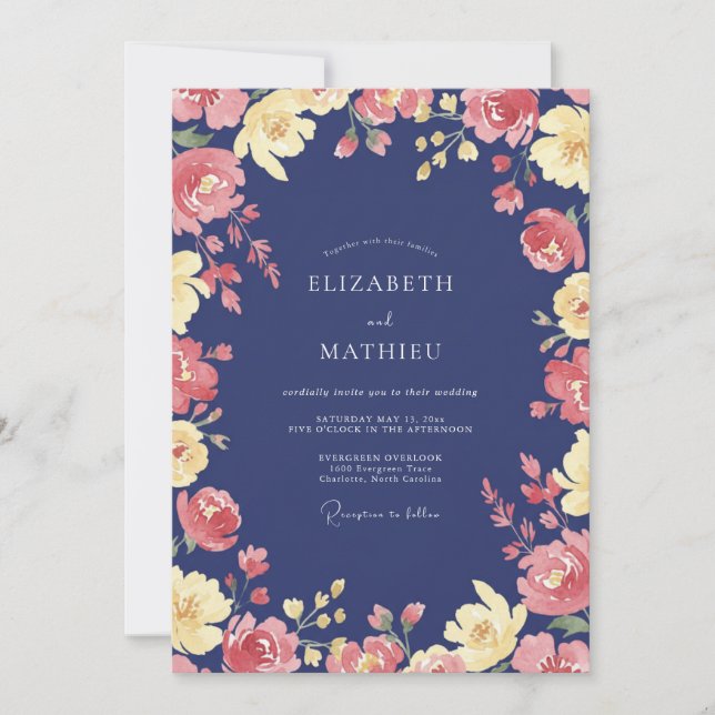 Invitation Mariage Navy Coral Petal (Devant)