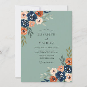 Invitation Mariage Navy Feuille Brûlée Orange