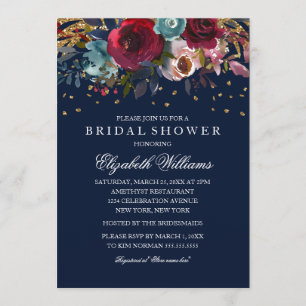 Invitation Mariage Navy Floral Glitter Bourgogne Enterrement 