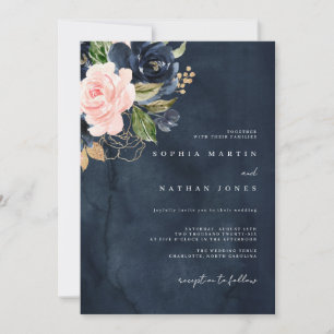 Invitation Mariage Navy Pink Elegant Aquarelle Florals