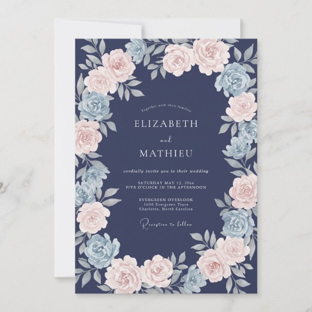 Invitation Mariage Navy Rose Éthéré (Devant)