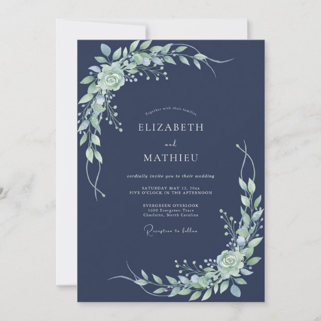 Invitation Mariage Navy Verdant Flourish (Devant)