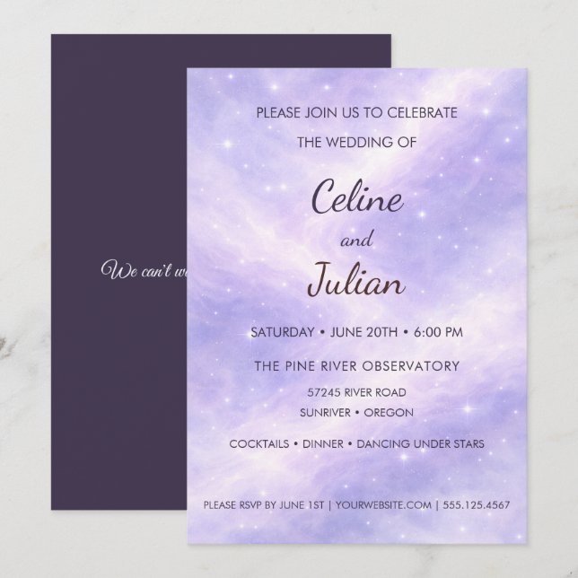 Invitation Mariage Nébuleuse de Lavande Céleste Sous les Étoi (Devant / Derrière)