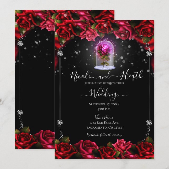 Invitation Mariage noir argenté rouge brillant (Devant / Derrière)