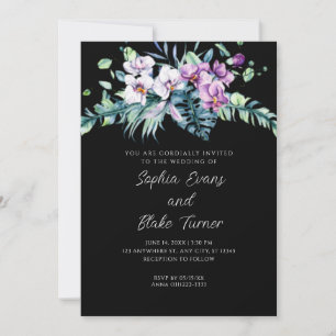 Invitation Mariage Noir aux Fleurs Élégantes Blanches et Viol