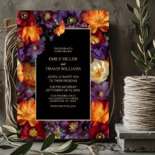 Invitation Mariage noir aux fleurs violettes et orange vibran