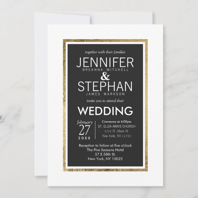 Invitation Mariage noir blanc à revêtement or moderne simple (Devant)