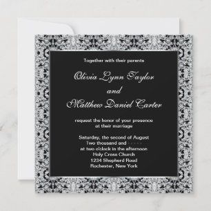 Invitation Mariage noir blanc argent dentelle