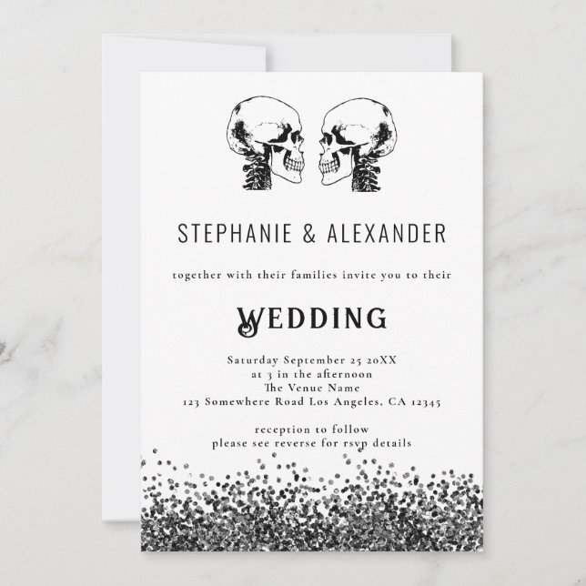 Invitation Mariage noir blanc crâne moderne (Devant)
