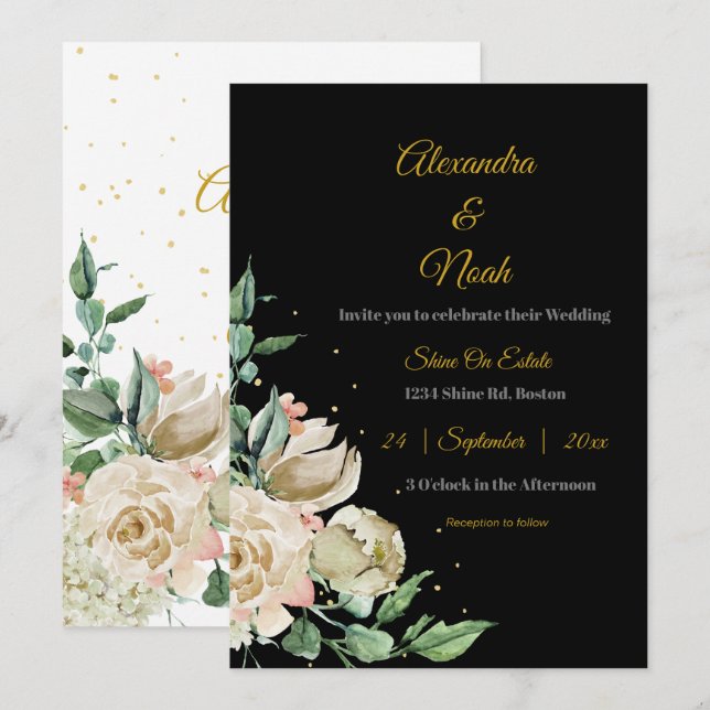 Invitation Mariage noir blanc élégant floral rose chic Rose (Devant / Derrière)