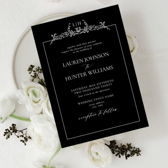 Invitation Mariage noir blanc floral bordure  (Créateur téléchargé)