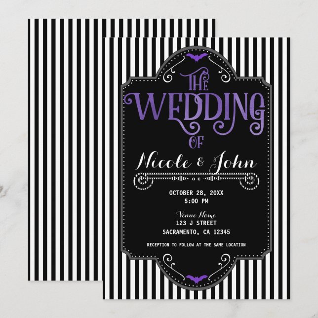Invitation Mariage noir blanc rayures violet gothique chauve- (Devant / Derrière)