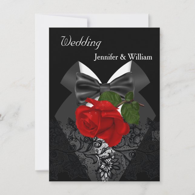 Invitation Mariage noir blanc Tuxedo profond rouge rose 2d (Devant)