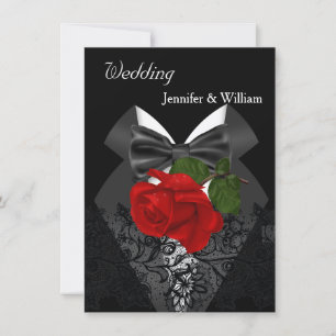 Invitation Mariage noir blanc Tuxedo profond rouge rose 2d
