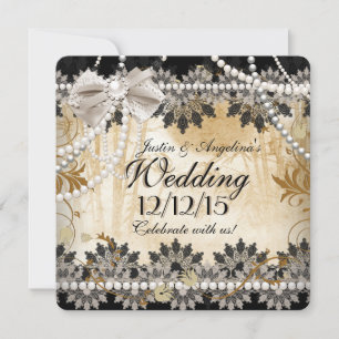 Invitation Mariage Noir Crème Beige Dentelle Floral Asiatique