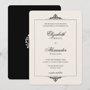 Invitation Mariage Noir Crème Ovale Vintage Blason