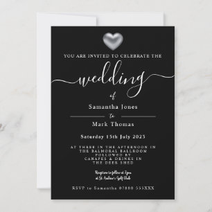 Invitation Mariage noir de coeur argenté