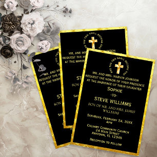 Invitation Mariage noir de la Croix chrétienne d'or tradition