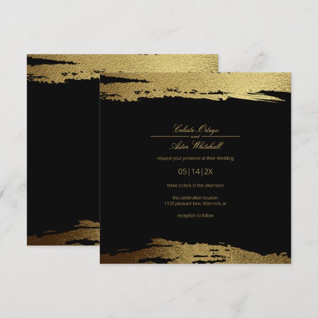 Invitation Mariage noir de peinture à l'huile Faux or moderne (Devant / Derrière)