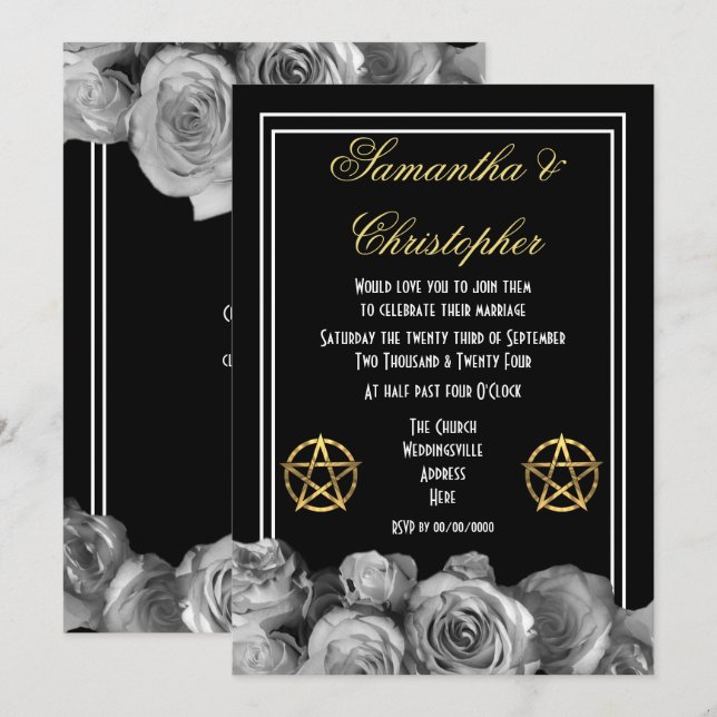 Invitation mariage noir de pentacle Wiccan (Devant / Derrière)