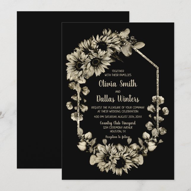 Invitation Mariage noir des tournesols rustiques (Devant / Derrière)