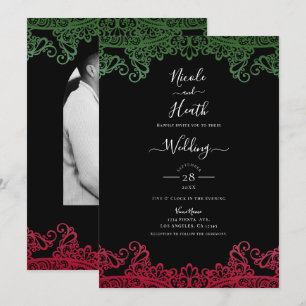 Invitation Mariage noir élégant Fiesta vert et rouge dentelle