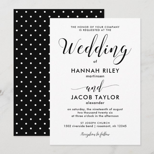 Invitation Mariage noir et blanc avec points (Devant / Derrière)
