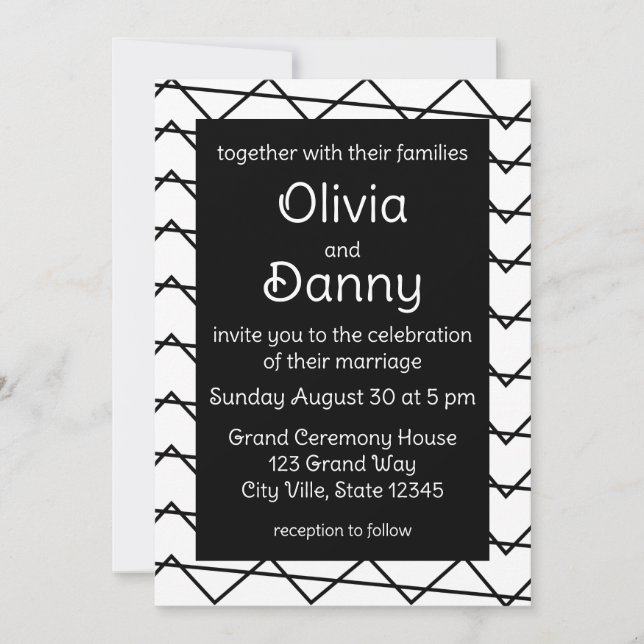 Invitation Mariage noir et blanc Chevron Stripe (Devant)