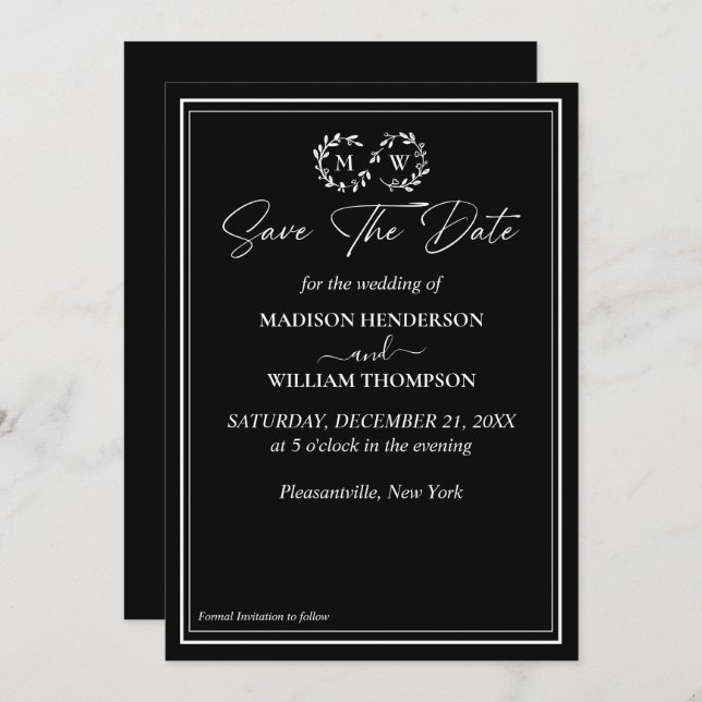Invitation Mariage noir et blanc classique Enregistrer la dat (Devant / Derrière)