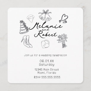 Invitation Mariage noir et blanc de gribouillis fantaisistes 