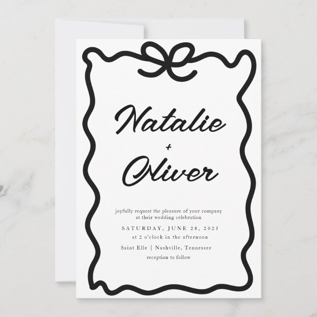 Invitation Mariage noir et blanc de la bordure dessinée à la  (Devant)