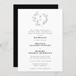 Invitation Mariage noir et blanc de la couronne esquissée