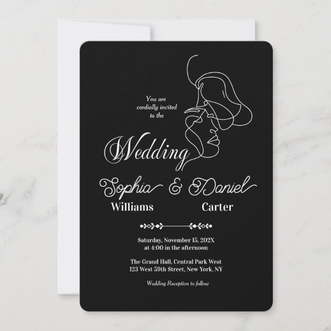 Invitation Mariage noir et blanc de luxe Chic Couple artistiq (Devant)