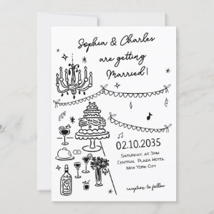 Invitation Mariage noir et blanc dessiné main lunaire