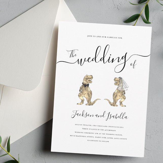 Invitation Mariage noir et blanc Dinosaur mariée et mariée (Dinosaur bride and groom elegant modern script black and white destination wedding invitation )