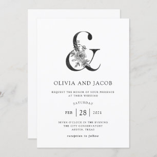 Invitation Mariage noir et blanc floral moderne