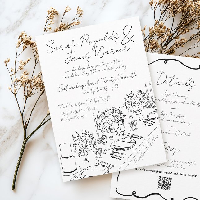 Invitation Mariage noir et blanc griffonné et fantaisiste des (Elegant romantic hand drawn handwritten quirky scribble black and white floral table wedding cards)