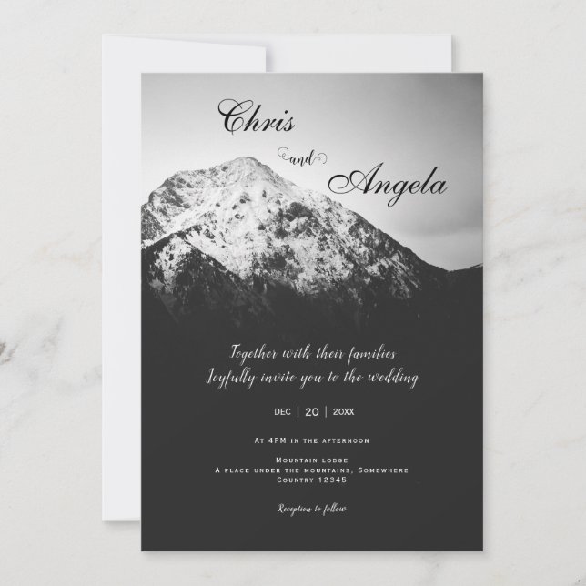 Invitation Mariage noir et blanc sous les montagnes (Devant)