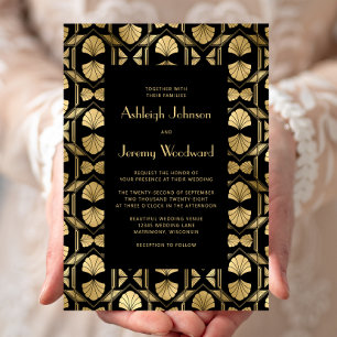 Invitation Mariage noir et or à motif éventail Déco vintage 1
