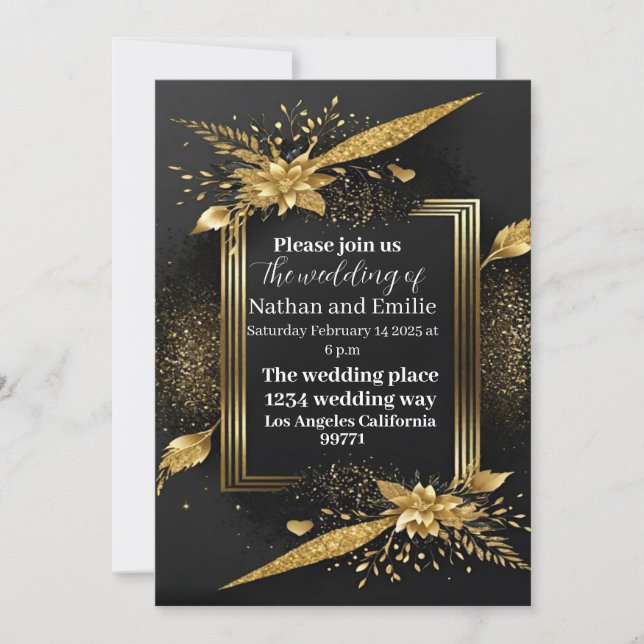 Invitation Mariage Noir Et Or Élégant (Devant)
