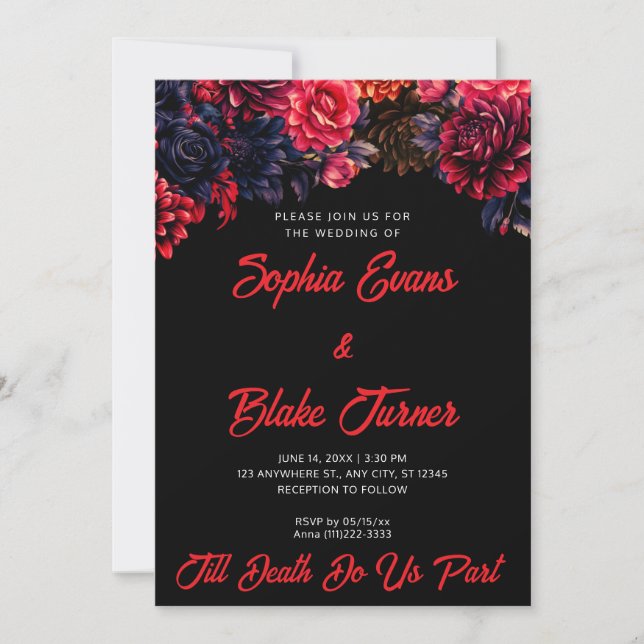 Invitation Mariage noir et rouge gothique floral foncé (Devant)