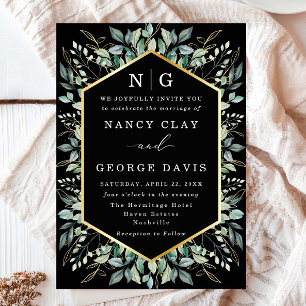 Invitation Mariage noir Feuille vert bordure or Monogramme no