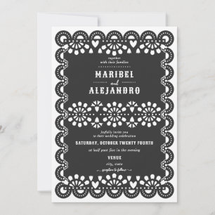 Invitation Mariage noir floral à feutre mexicain Picado