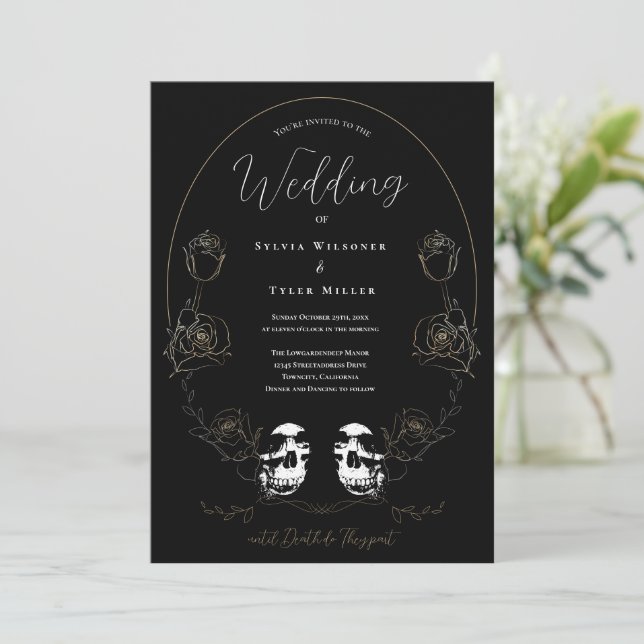 Invitation Mariage noir floral au crâne (Debout devant)