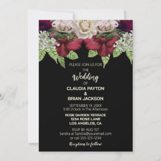 Invitation Mariage Noir Floral Burgundy Élégant