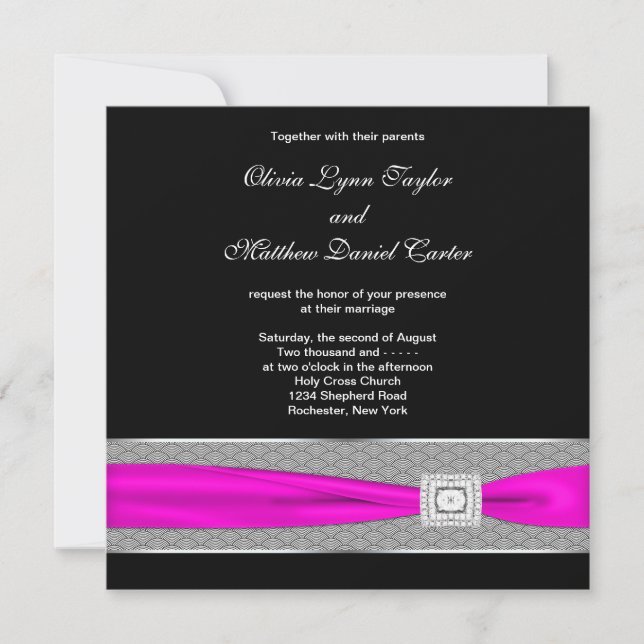Invitation Mariage noir fuchsia rose chaud (Devant)