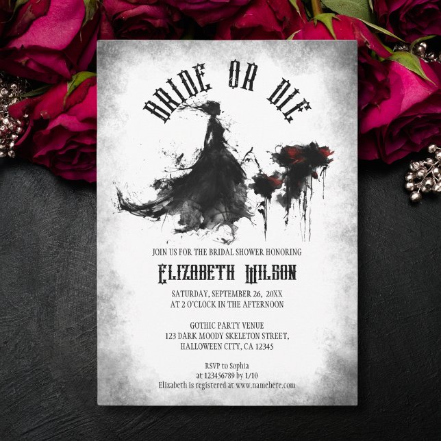 Invitation Mariage noir gothique robe mariée ou mort nuptiale (gothic watercolor bride silhouette)